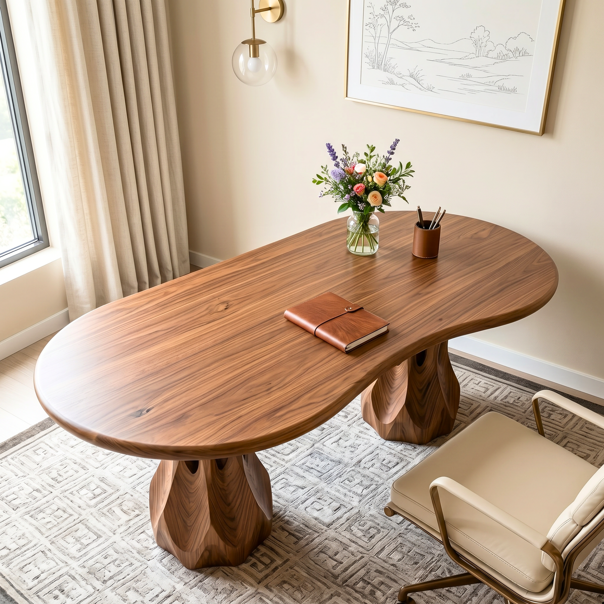 Organic Solid Wood Executive Desk with Sculptural Carved Pedestal Legs