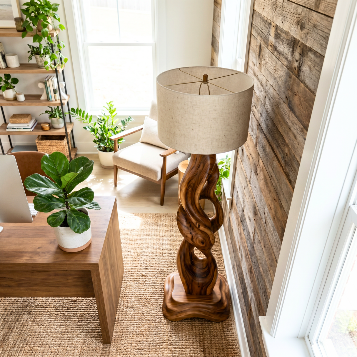 Handcrafted Wood Floor Lamp with Organic Carved Base