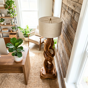Handcrafted Wood Floor Lamp with Organic Carved Base