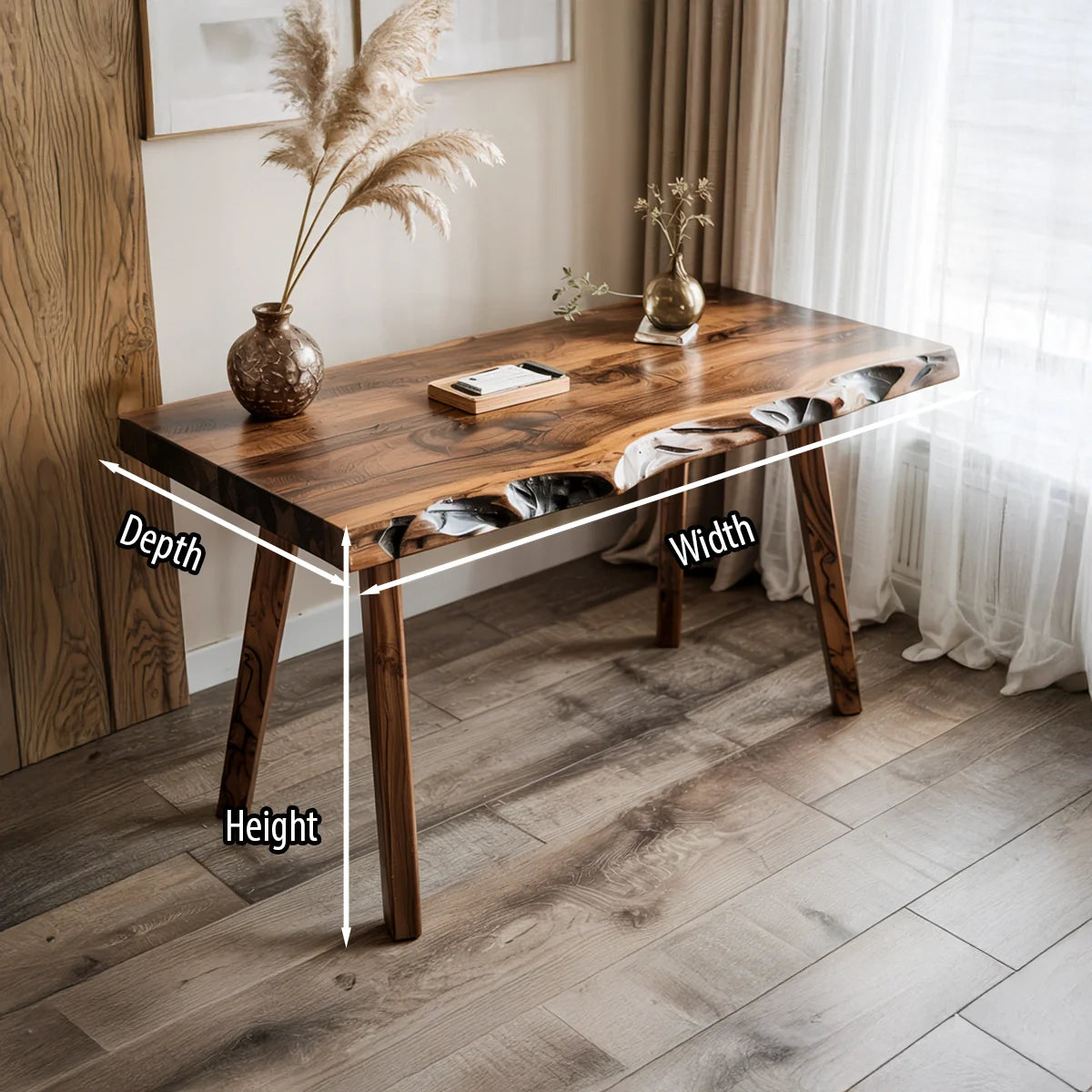 Live Edge Walnut Wood Table with Inlay Handmade Solid Wood Desk