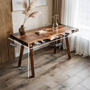 Live Edge Walnut Wood Table with Inlay Handmade Solid Wood Desk