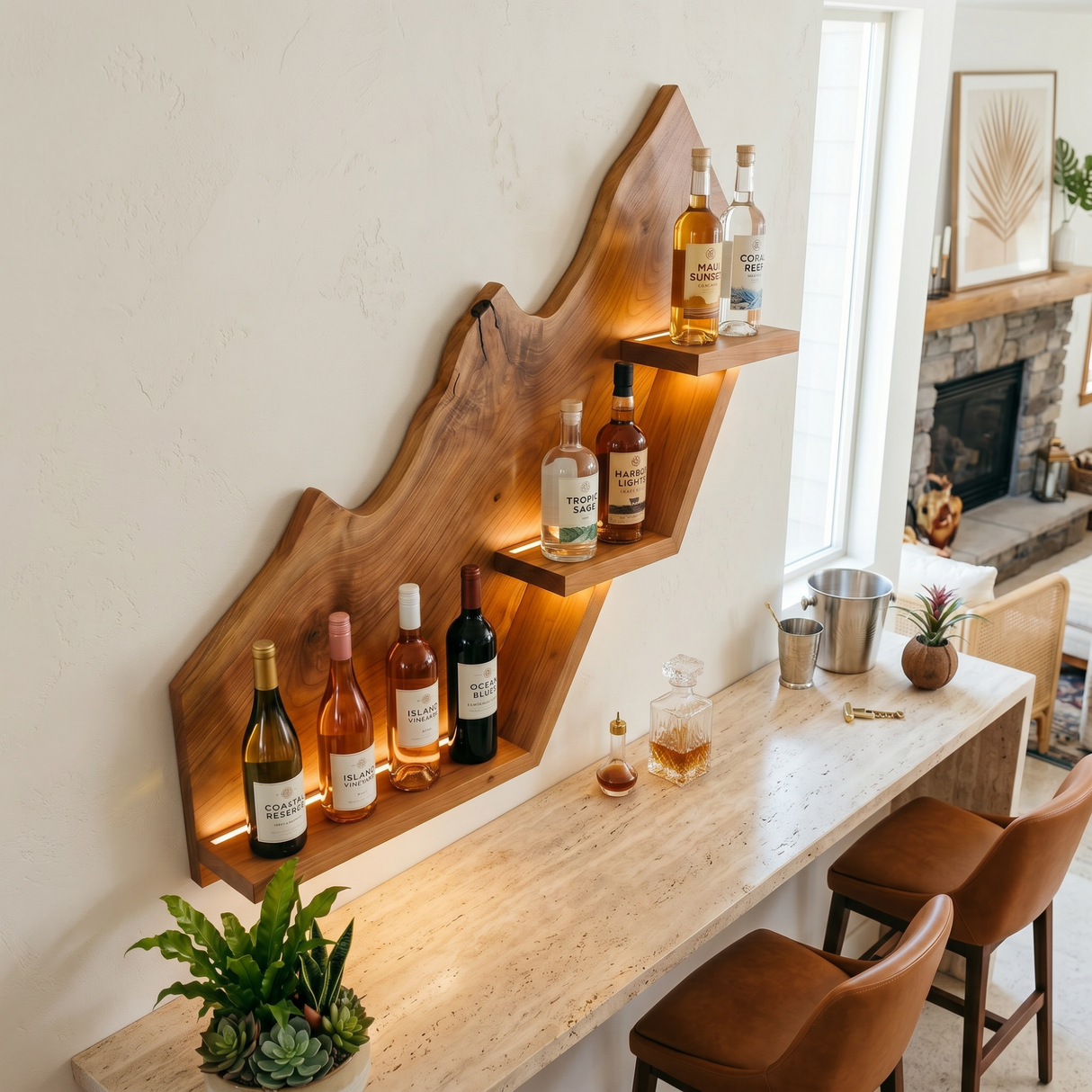 Handcrafted Solid Wood Mountain Wall Bar Shelf for Wine Bottle Display