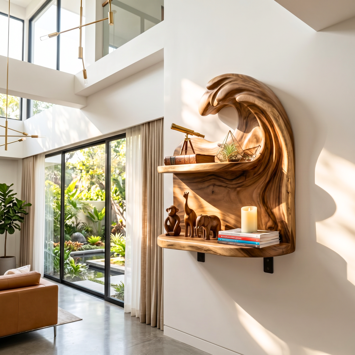 Cresting Wave Wood Wall Shelf with Two Display Tiers