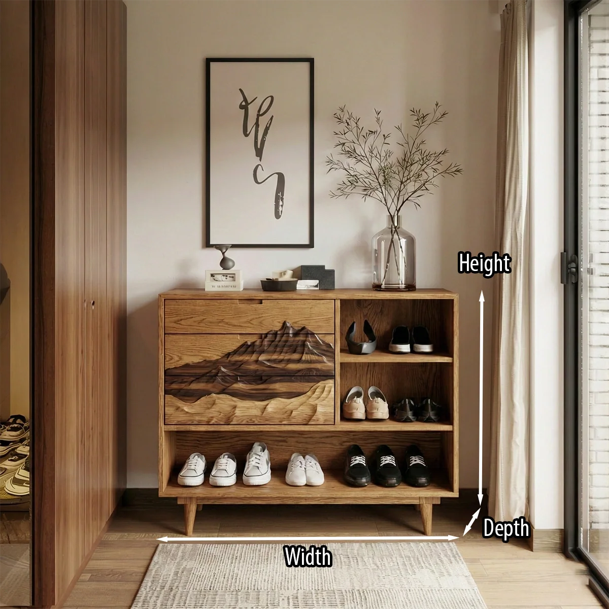 Artistic Mountain Grain Solid Wood Shoe Cabinet for Modern Entryway