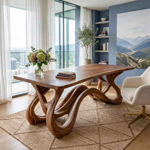 Organic Solid Wood Desk with Flowing Loop Sculptural Base