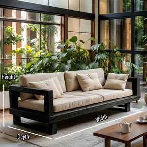 Black Solid Wood Sofa with Linen Cushions for Minimalist Modern Living