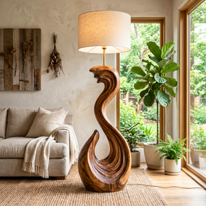 Sculptural Wood Floor Lamp with Wave-Inspired Carved Base