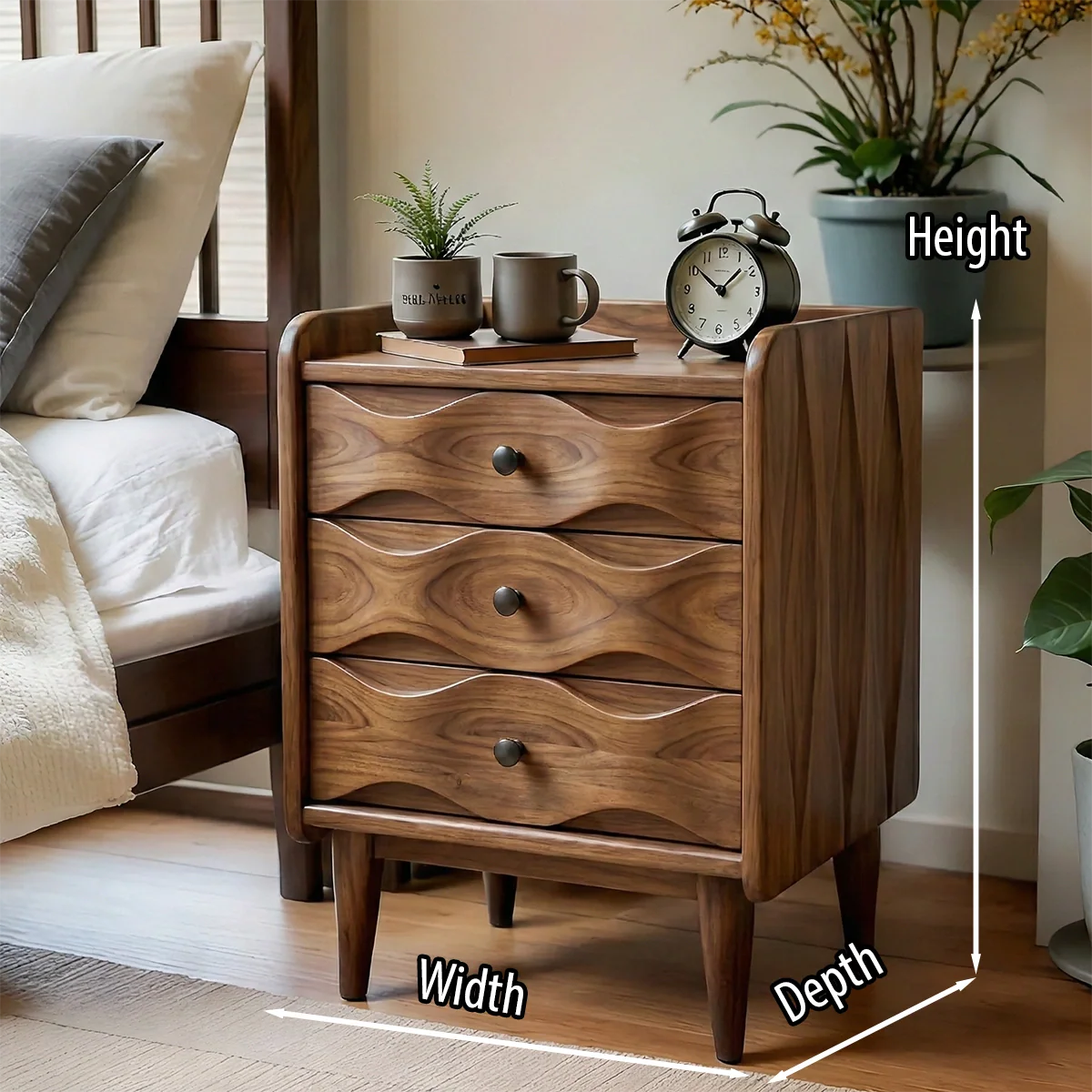 Handcrafted Solid Wood Bedside Table with Sculpted Drawers