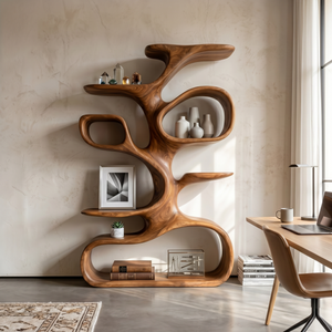 Organic Solid Wood Display Shelf with Branch-Inspired Open Shelves