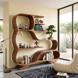 Organic Solid Wood Bookshelf with Flowing S-Shaped Shelves