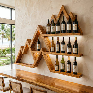 Handcrafted Solid Wood Mountain Wall Bar Shelf with Tiered Wine Bottle Display
