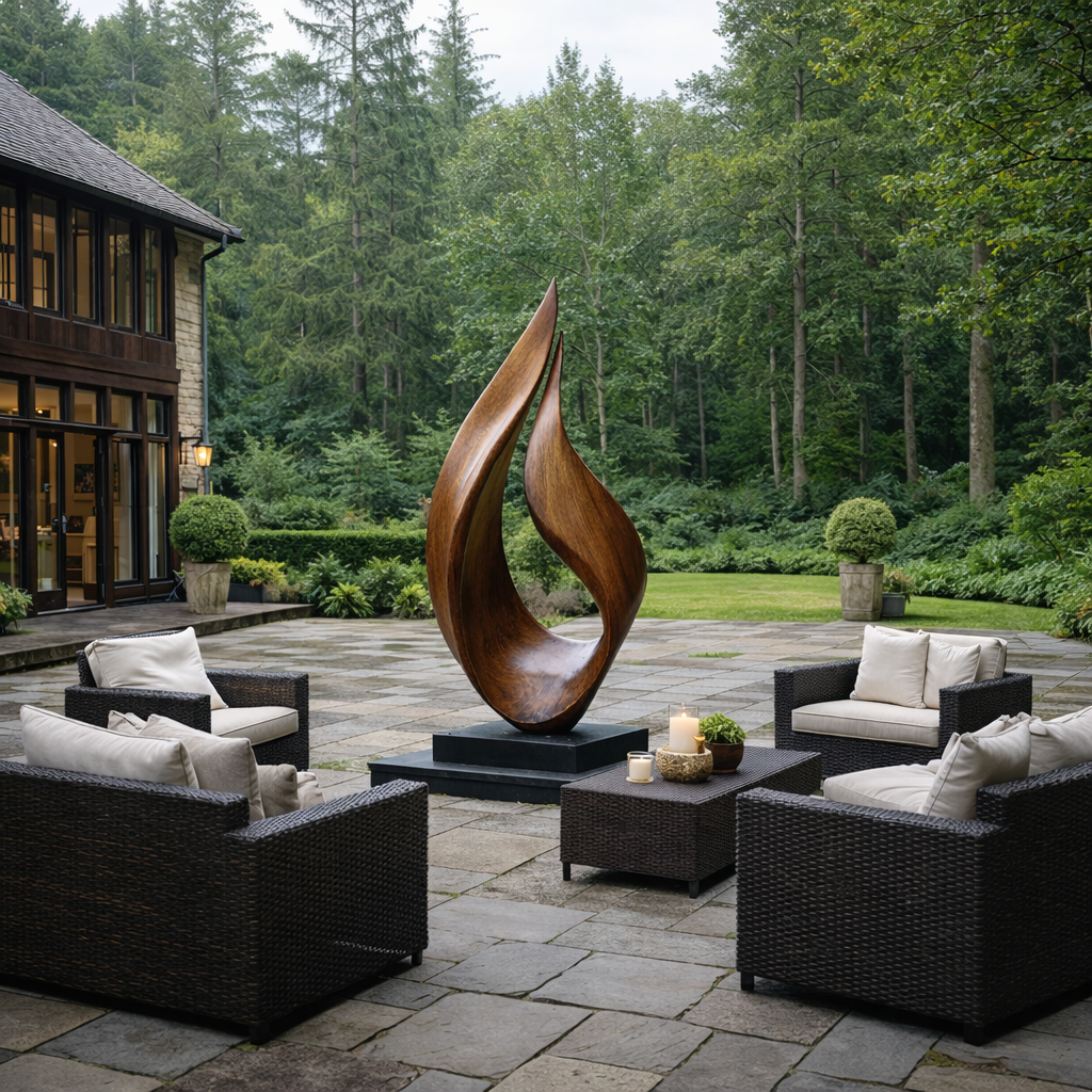 Large Outdoor Solid Wood Flame Sculpture with Plinth for Gardens and Modern Landscapes