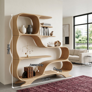 Organic Solid Wood Bookshelf with Flowing S-Shaped Shelves