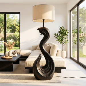 Sculptural Wood Floor Lamp with Wave-Inspired Carved Base