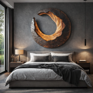 Large Solid Wood Crescent Circle Wall Sculpture for Modern Living Rooms