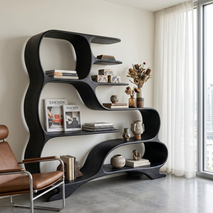 Organic Solid Wood Bookshelf with Flowing S-Shaped Shelves