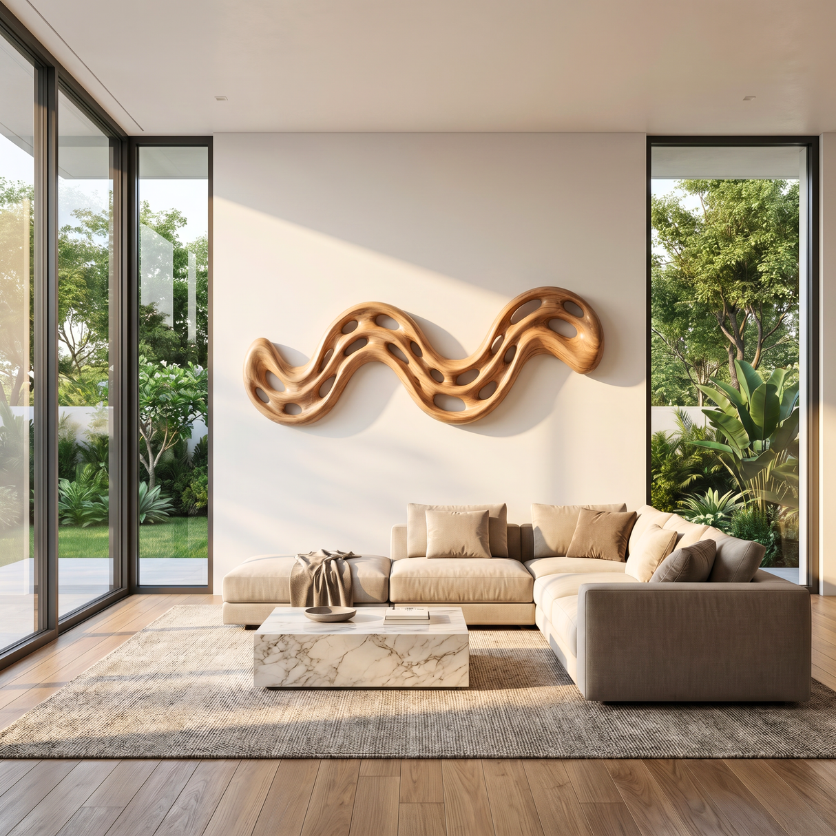 Serpentine Flow Wood Wall Sculpture with Organic Cutouts