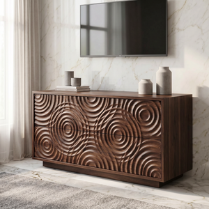 Solid Wood TV Console with Concentric Ripple Carved Doors