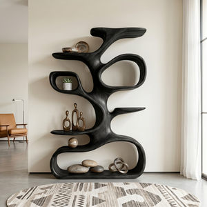Organic Solid Wood Display Shelf with Branch-Inspired Open Shelves