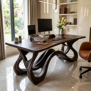 Organic Solid Wood Desk with Flowing Loop Sculptural Base