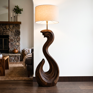 Sculptural Wood Floor Lamp with Wave-Inspired Carved Base