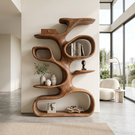 Organic Solid Wood Display Shelf with Branch-Inspired Open Shelves