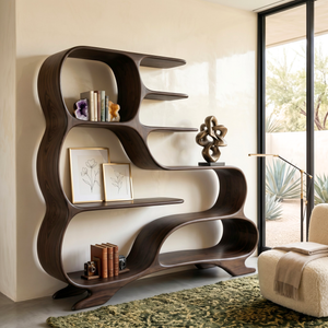 Organic Solid Wood Bookshelf with Flowing S-Shaped Shelves