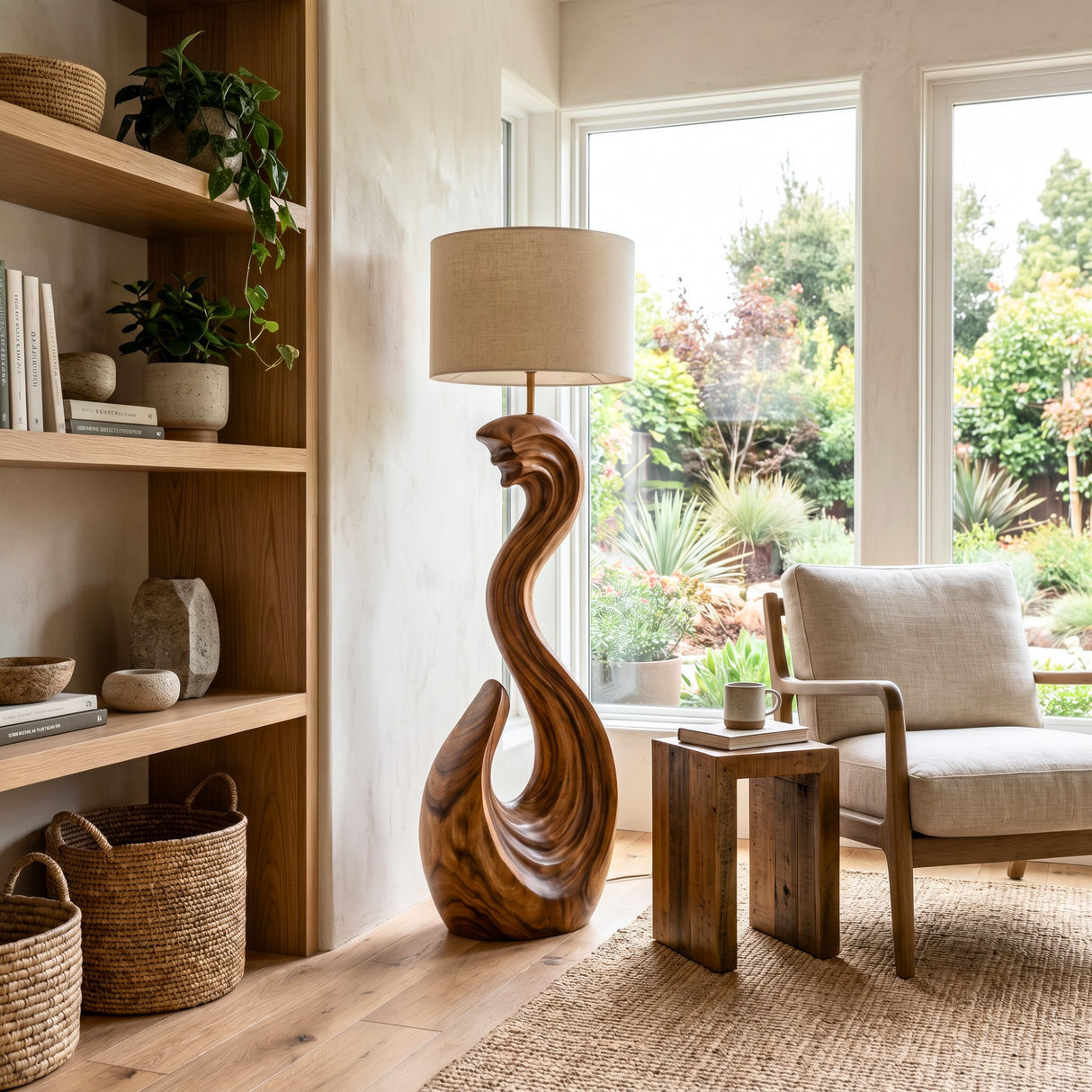 Sculptural Wood Floor Lamp with Wave-Inspired Carved Base