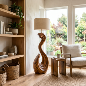 Sculptural Wood Floor Lamp with Wave-Inspired Carved Base