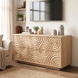 Solid Wood TV Console with Concentric Ripple Carved Doors