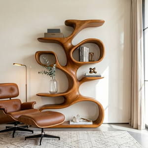 Organic Solid Wood Display Shelf with Branch-Inspired Open Shelves