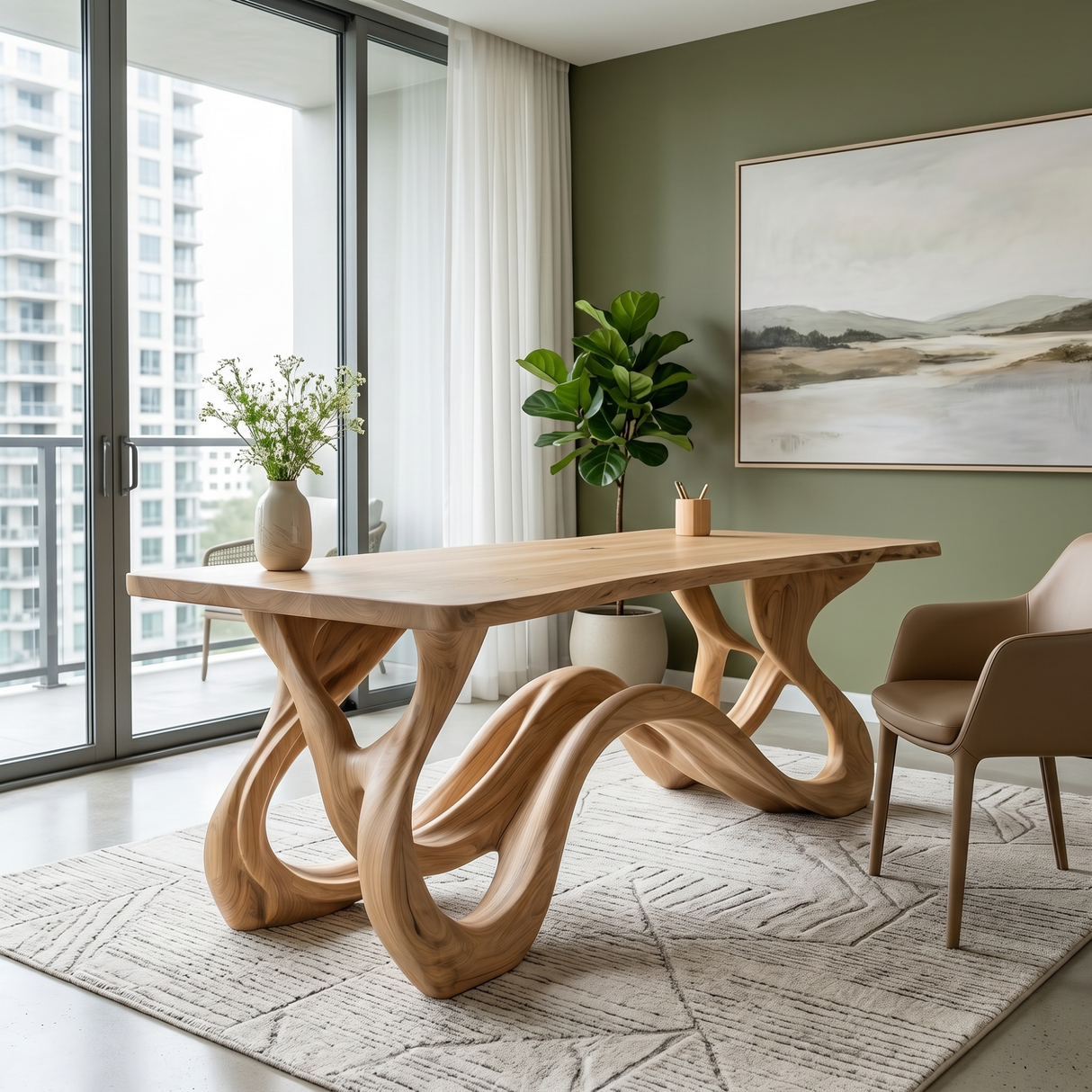 Organic Solid Wood Desk with Flowing Loop Sculptural Base