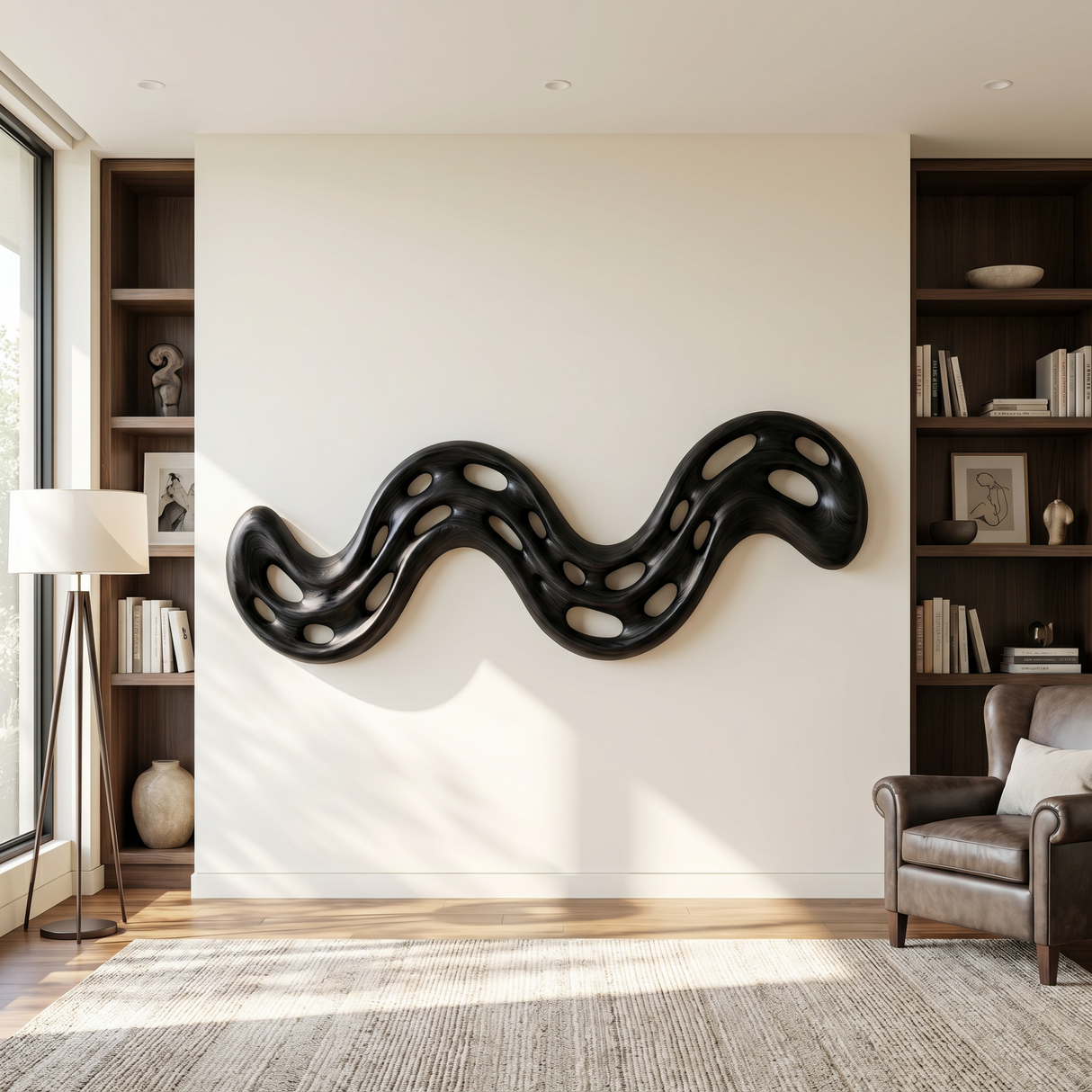 Serpentine Flow Wood Wall Sculpture with Organic Cutouts