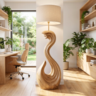 Sculptural Wood Floor Lamp with Wave-Inspired Carved Base