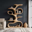 Organic Solid Wood Display Shelf with Branch-Inspired Open Shelves