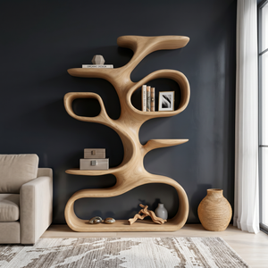 Organic Solid Wood Display Shelf with Branch-Inspired Open Shelves