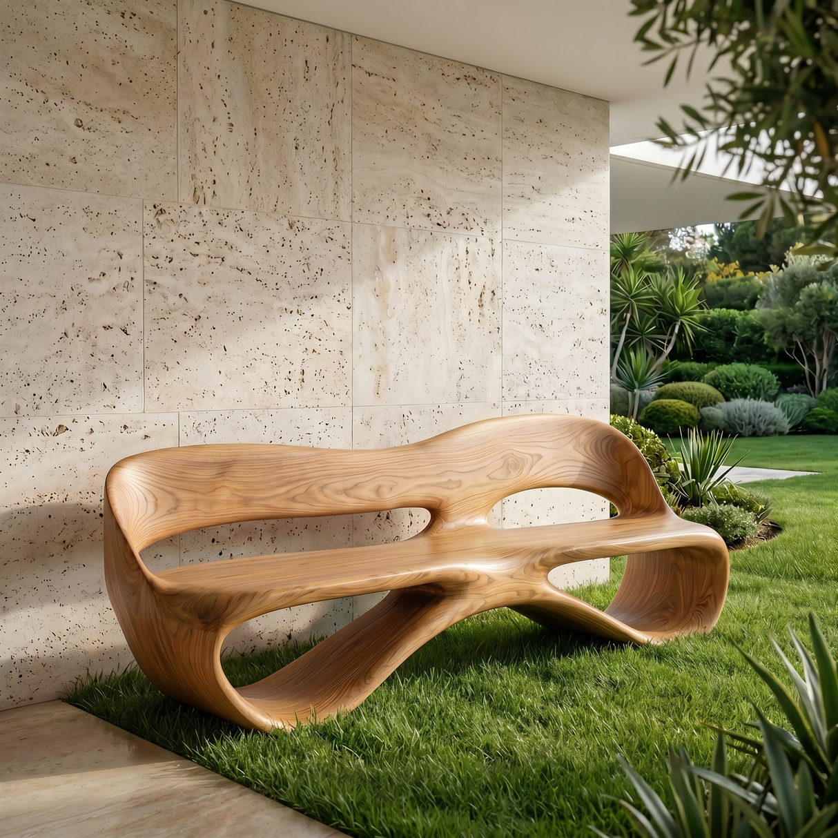 Solid Wood Outdoor Bench with Continuous Loop Backrest for Garden Seating