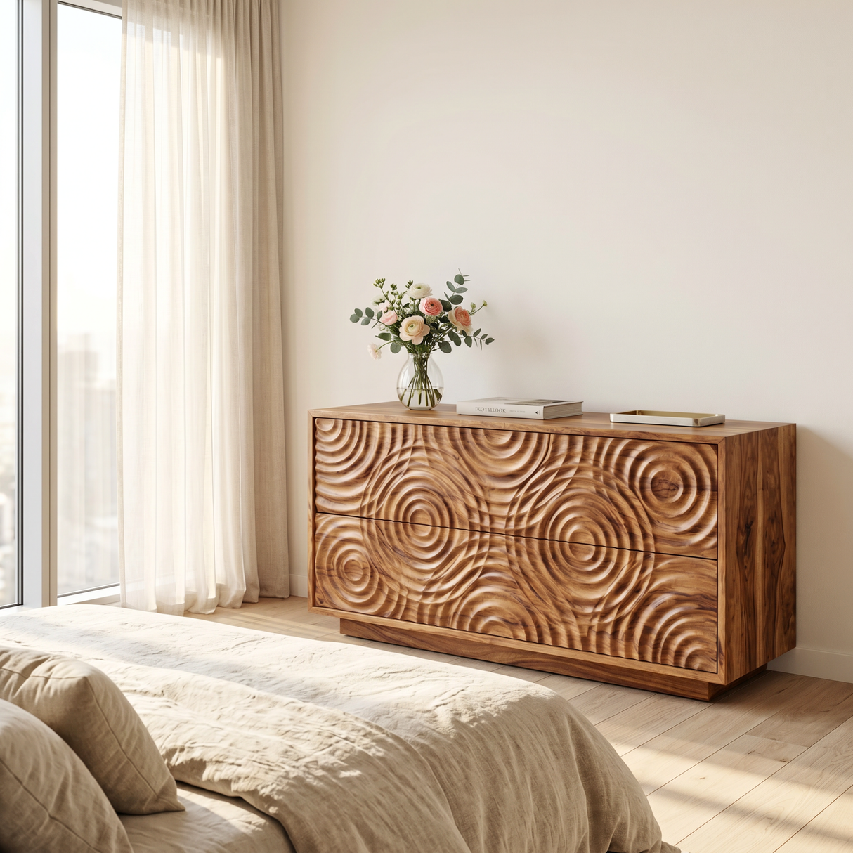 Solid Wood TV Console with Concentric Ripple Carved Doors