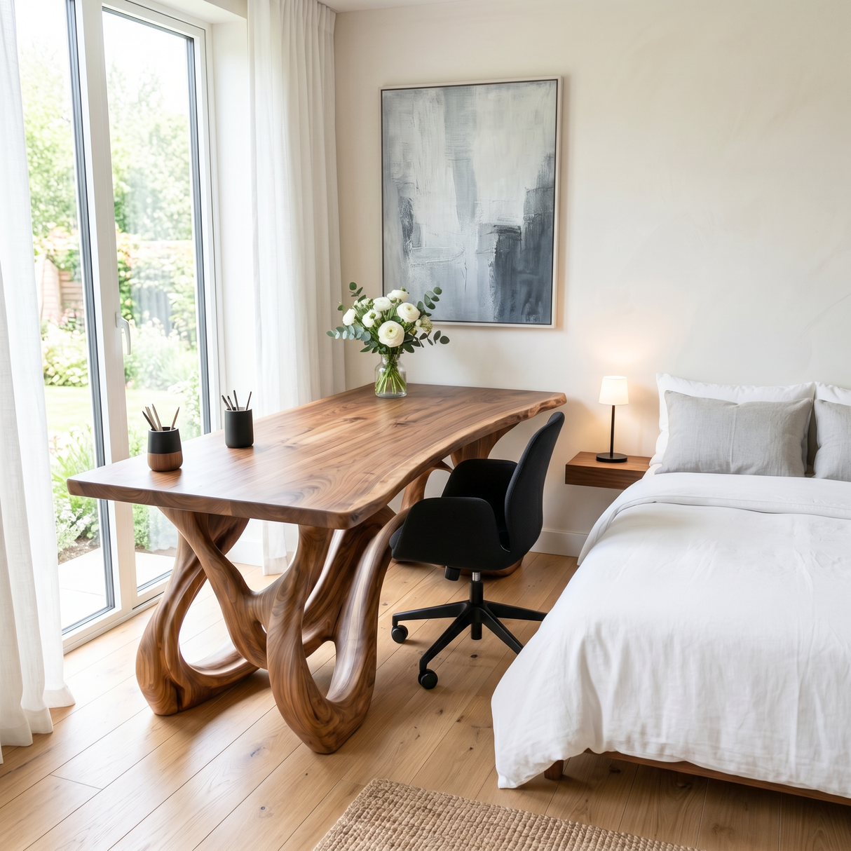 Organic Solid Wood Desk with Flowing Loop Sculptural Base