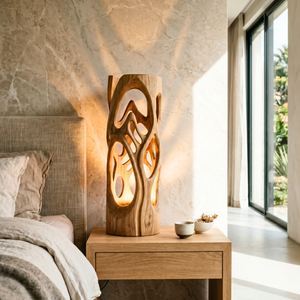 Sculpted Aura Wood Table Lamp with Organic Openwork
