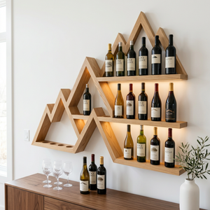 Handcrafted Solid Wood Mountain Wall Bar Shelf with Tiered Wine Bottle Display