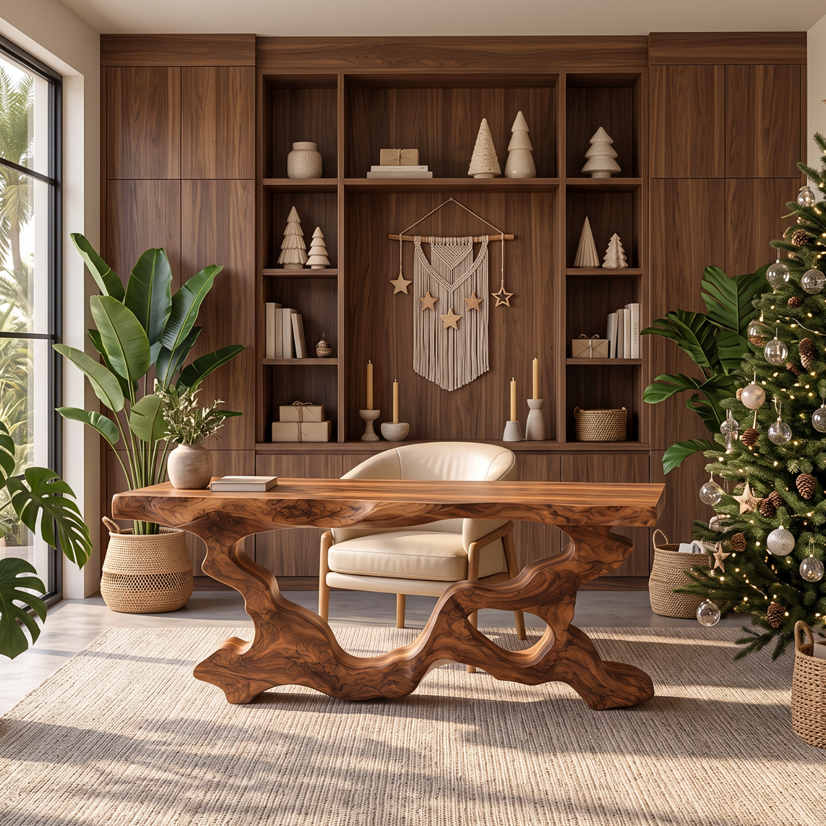 Live Edge Solid Wood Executive Desk with Sculptural Root Frame