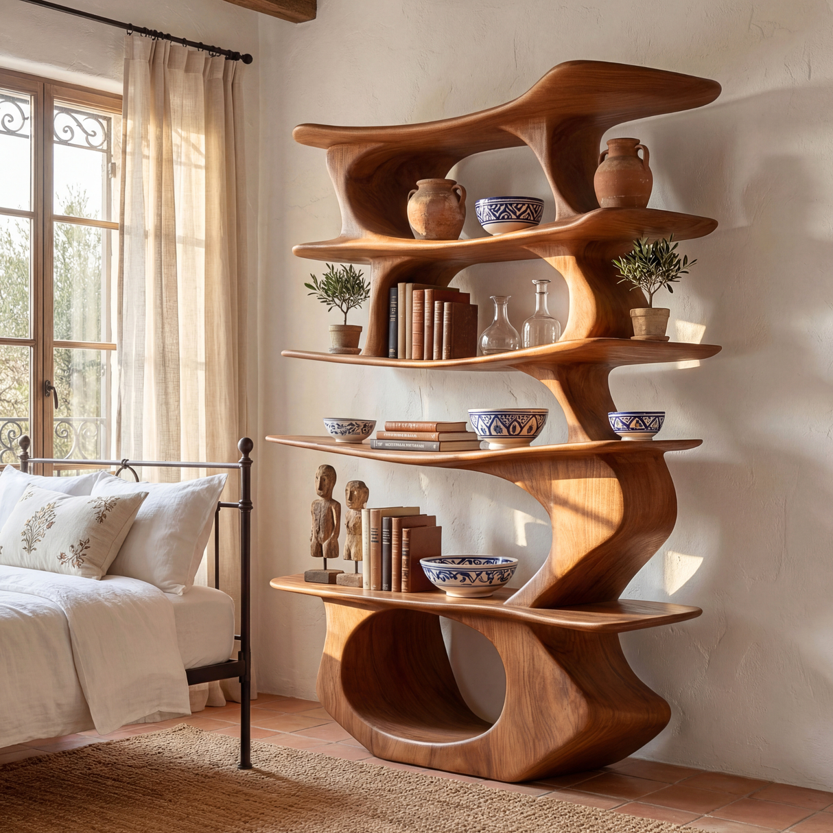 Sculpted Vertical Wood Display Shelf with Floating Asymmetrical Tiers