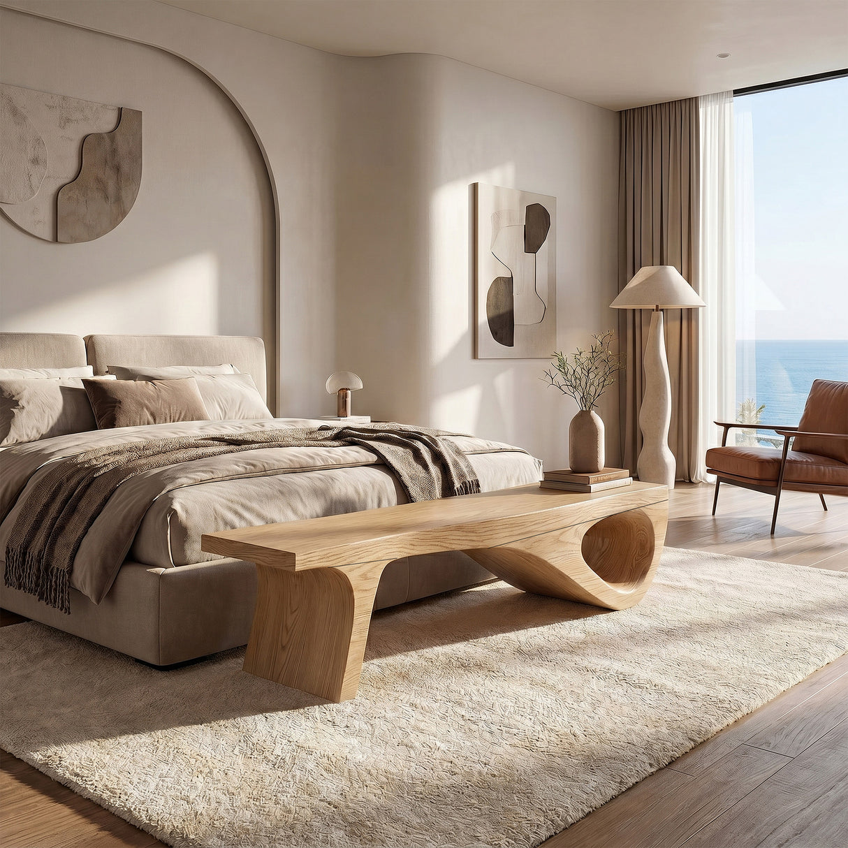 Natural Solid Wood Sculptural Bench for Modern Minimalist Interiors