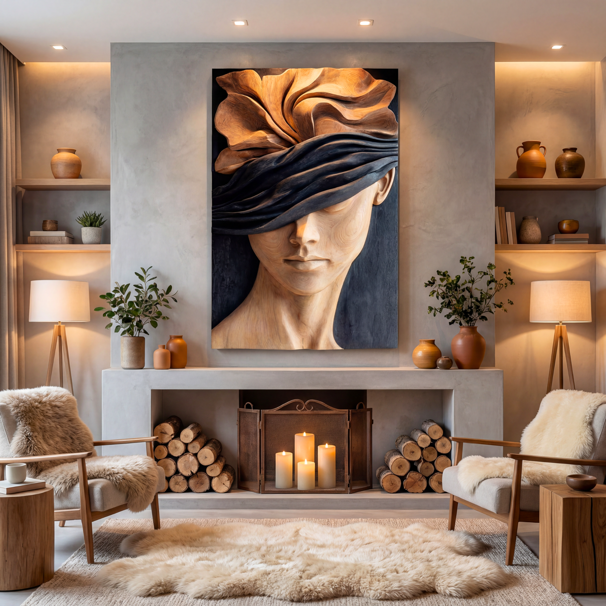 Silent Bloom Wooden Relief Portrait Sculpture Wall Art