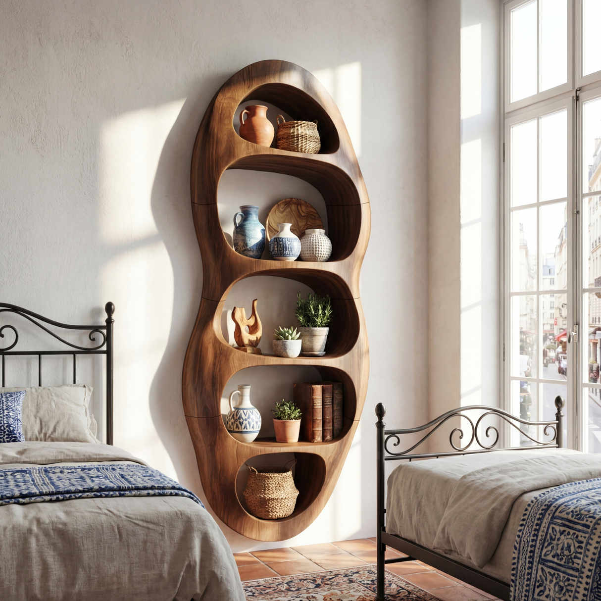 Vertical Organic Wood Bookcase with Sculpted Open Niches