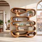 Flowing Open Form Wood Display Shelf with Sculptural Tiered Shelving