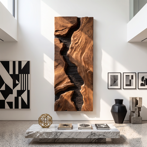 Natural Solid Wood Wall Art with Sculpted Gorge Forms and Black Stone Texture