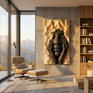 Handcrafted Solid Wood Wall Art Panel with Expressive Portrait Relief