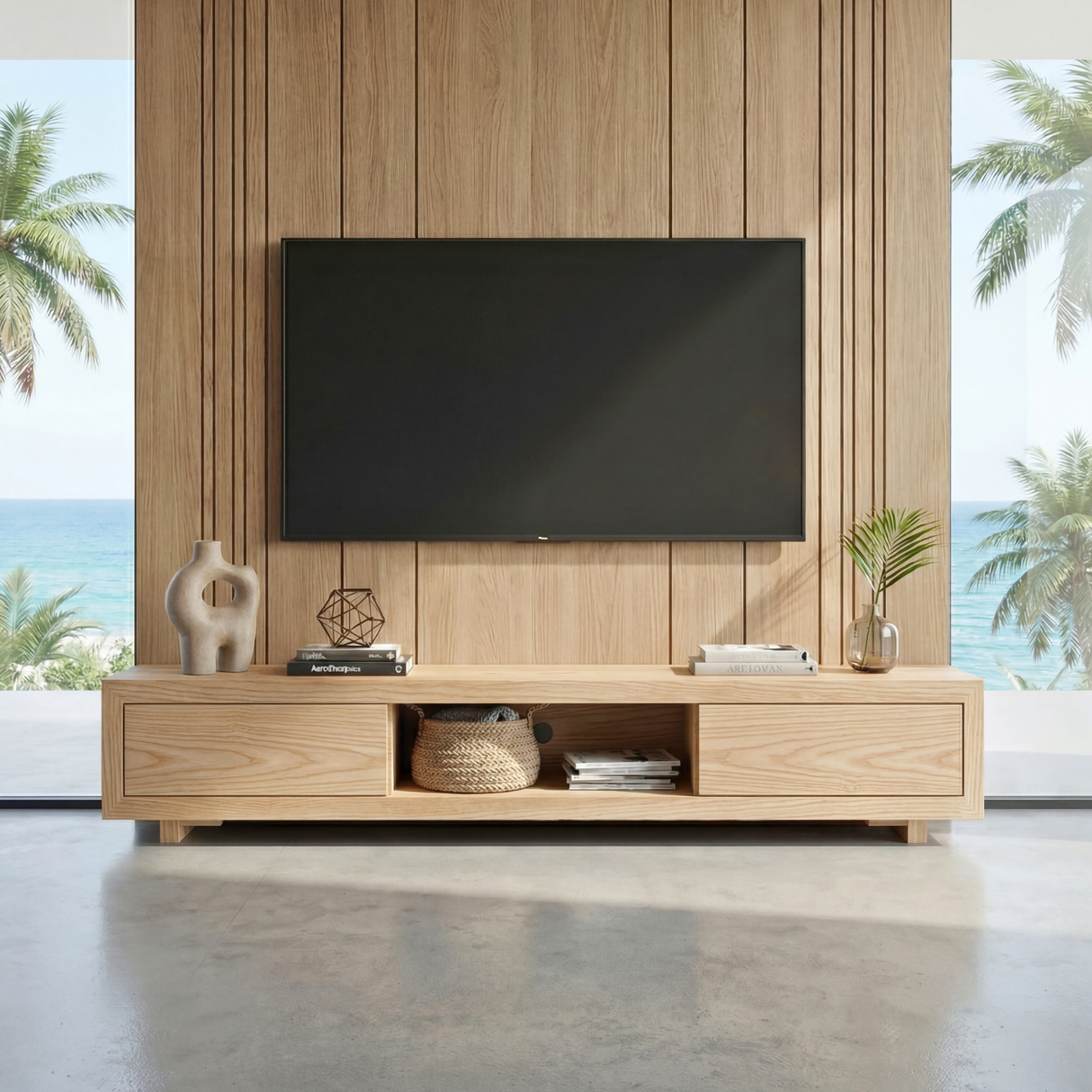 Solid Wood Low Profile TV Cabinet with Open Center Shelf